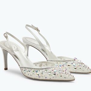 Rene Caovilla Silver and White Embellished Heels